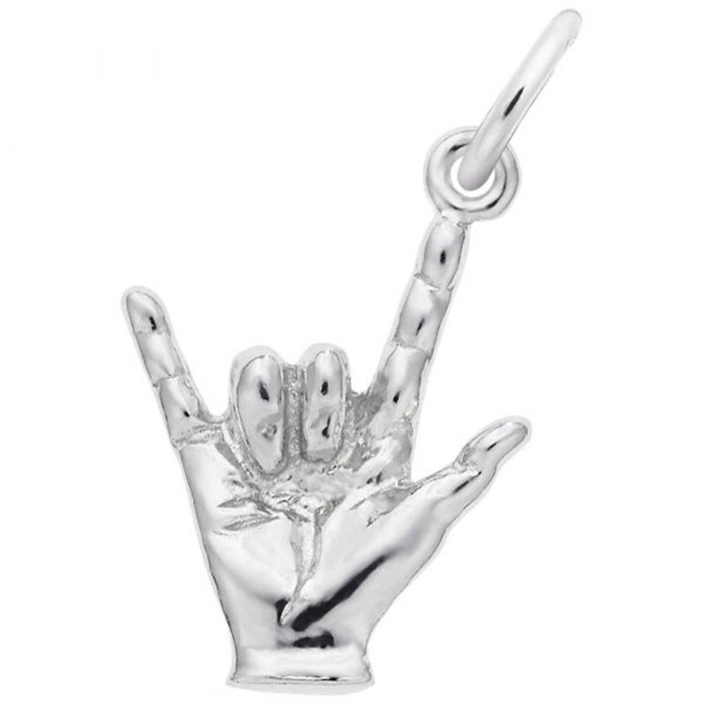 The I Love You Hand Charm by Rembrandt Charms is a sterling silver pendant shaped like a hand forming the "I love you" gesture in American Sign Language, with the thumb, index finger, and pinky finger extended while the middle and ring fingers touch the palm. This charm features an attached loop for a chain or cord.