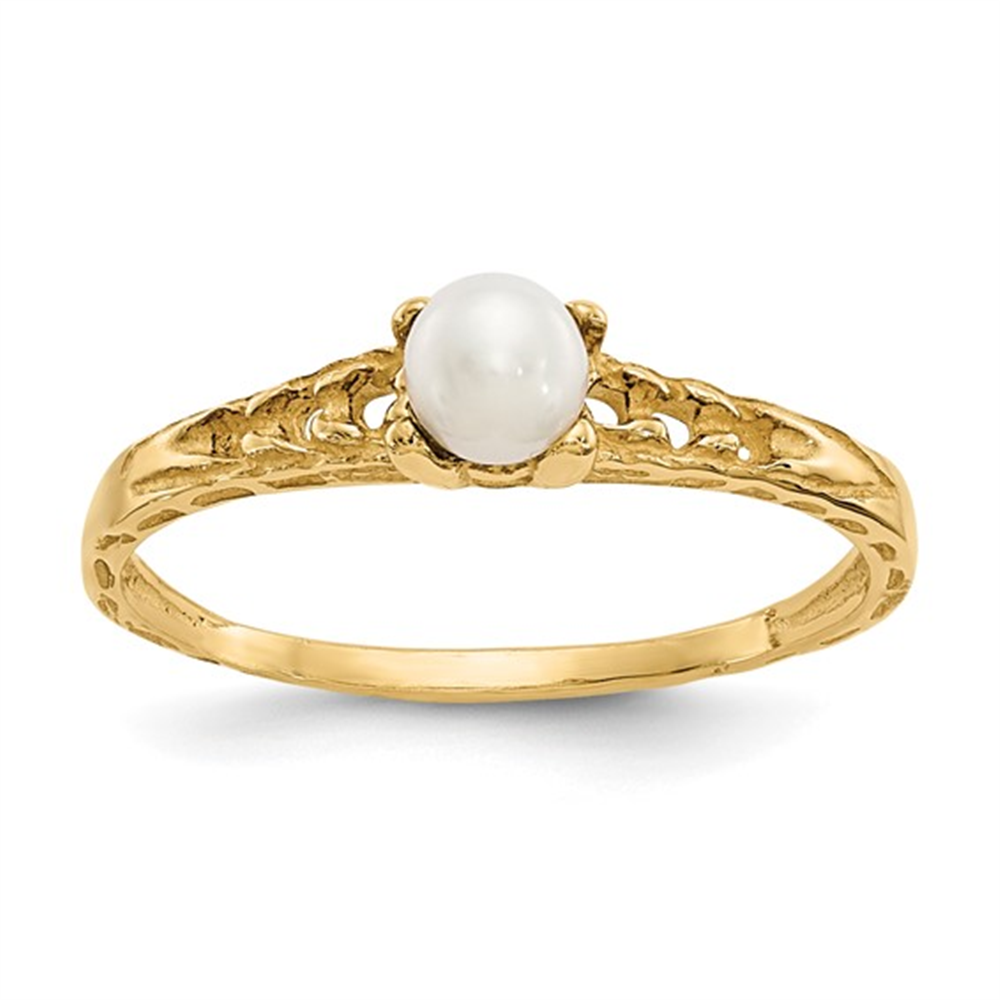 The 14k Madi K 3mm FW Cultured Pearl Birthstone Baby Ring, crafted by Lafonn, features intricate detailing and a single round cultured pearl set in the center, all made from 14k gold.
