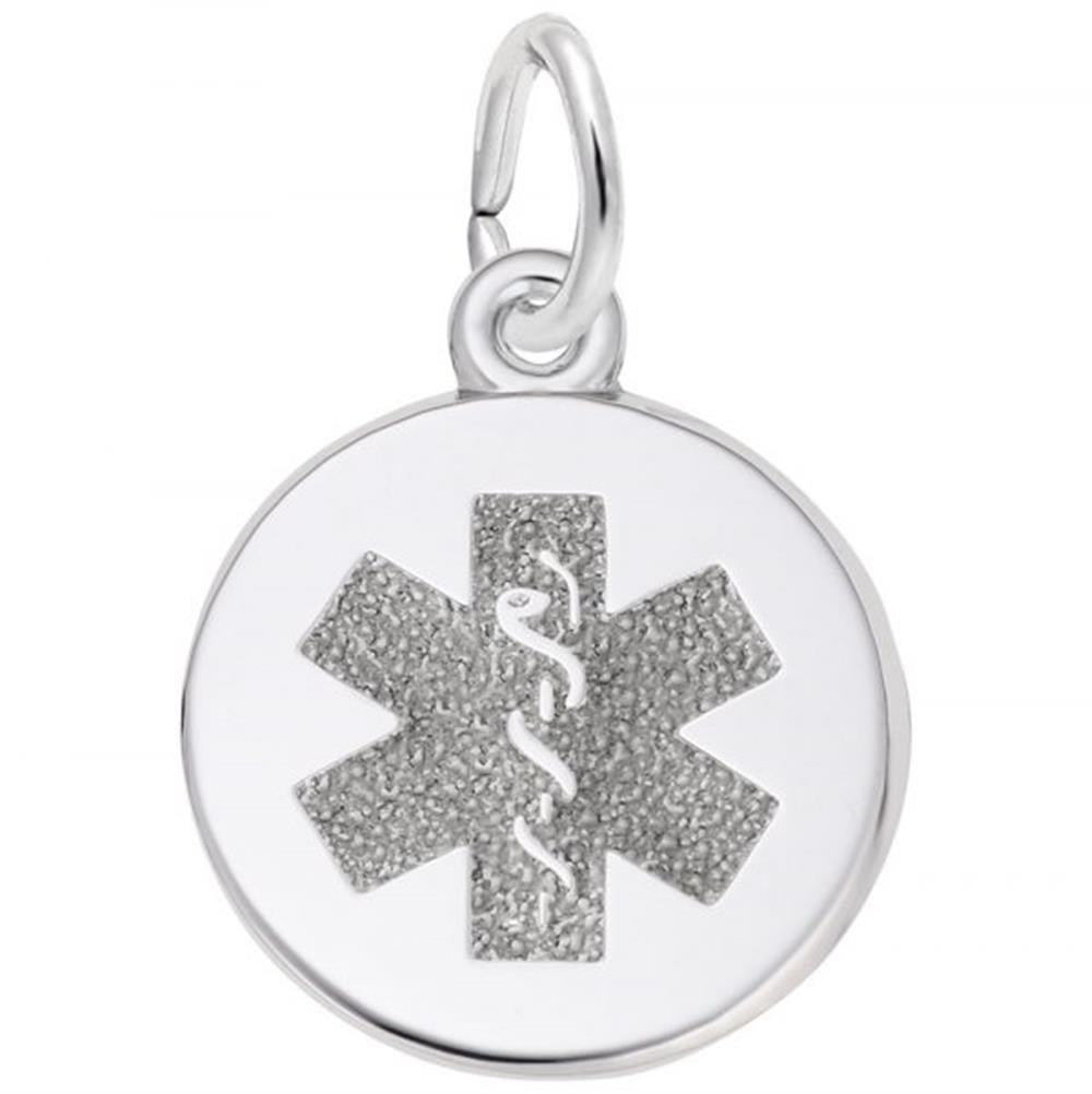 The Rembrandt Charms Medical Symbol Charm is a sterling silver pendant that features the Star of Life, characterized by a six-pointed star with a Rod of Asclepius—a serpent entwined around a staff—at the center. The charm includes a loop at the top for attaching to a necklace.