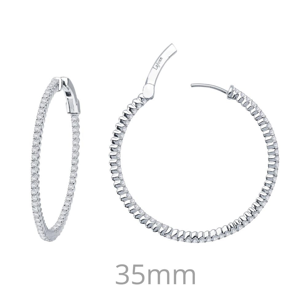 Image of two Lafonn Diamond Hoop Earrings. Each sterling silver hoop is adorned with a row of small, sparkling simulated diamonds. One earring is shown closed, and the other is partially open to display the hinge mechanism. Below the earrings, text reads "35mm," indicating the diameter of the hoops.