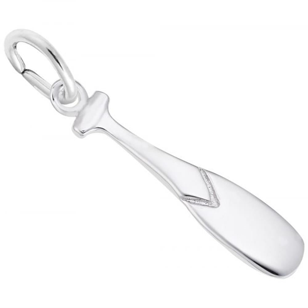 Introducing the Oar Paddle Charm from Rembrandt Charms, crafted in sleek sterling silver with a glossy finish. This pendant is shaped like an oar paddle and features a diagonal line detail near the blade. Its handle is fitted with a loop, perfect for threading onto your favorite necklace or keychain.
