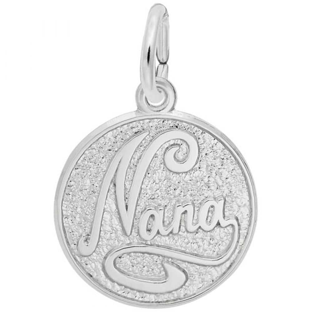 The Rembrandt Charms "Nana" Charm in sterling silver features a circular design with a textured background and the word "Nana" engraved in cursive script. This charming piece includes a small loop at the top, making it perfect for attaching to a necklace or bracelet.