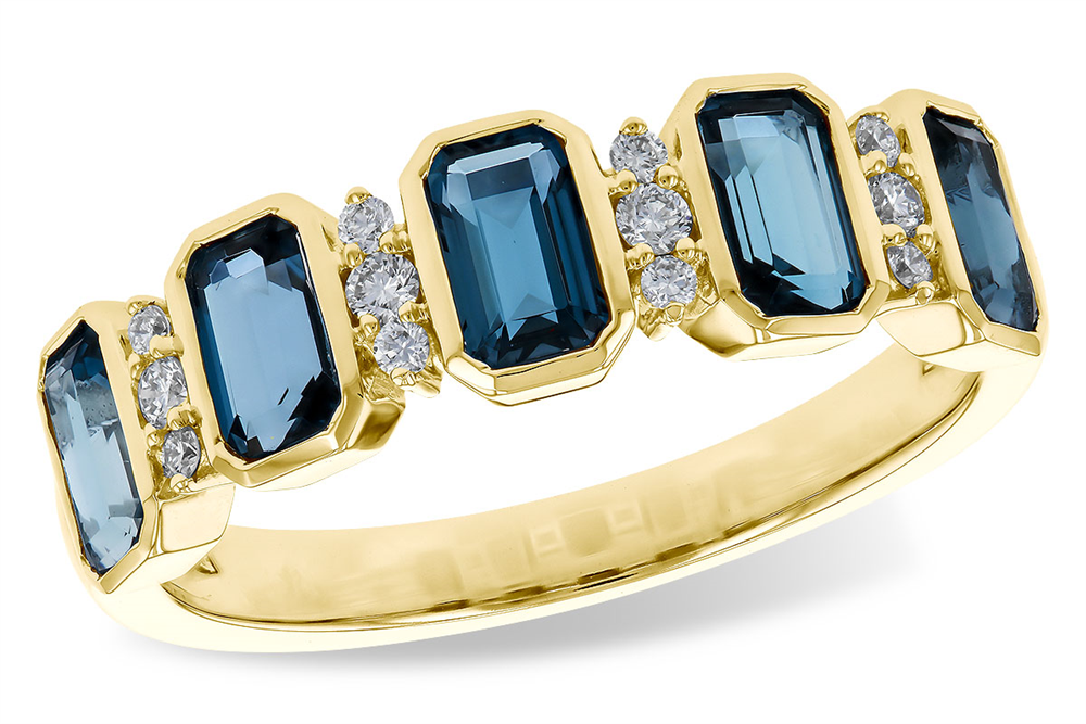 A size 6 Allison Kaufman gold ring, RG 1.46, featuring five rectangular London Blue Topaz gemstones (1.58 total gem weight) and ten small round diamonds set in alternating patterns across the band.