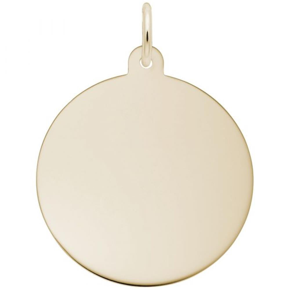 The Large Round Disc Charm from Rembrandt Charms is crafted from 10K yellow gold, featuring a smooth, shiny surface with a small loop at the top for attaching to a chain or bracelet. This round, gold-colored metal pendant is unadorned with any design or engraving.