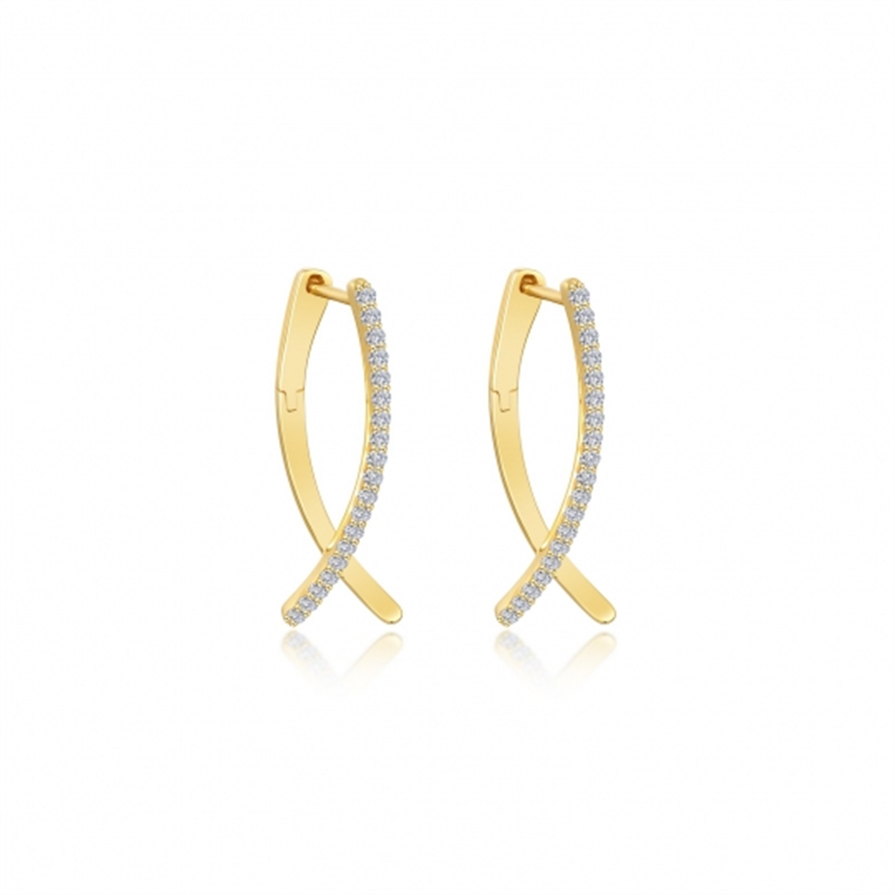 Introducing the Lafonn ER CL S.S. GP 0.38 CTW Crossover Oval Hoop Earrings, a pair of gold earrings showcasing a sleek, curved design. Each earring is adorned with 0.38 carat total weight of small, sparkling diamonds, forming an elegant and sophisticated look. The delicate curves intersect at the bottom, creating a distinctive crossover X-shaped silhouette.