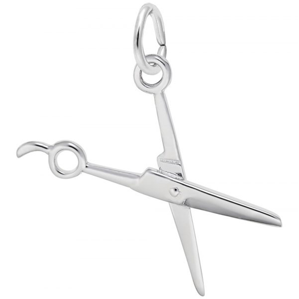 A close-up image of the Rembrandt Charms Haircutting Scissors Charm in sterling silver showcases its intricate details. The slightly open scissor blades reveal the metal's sheen, and a small ring at the top allows for easy attachment to a chain or bracelet.