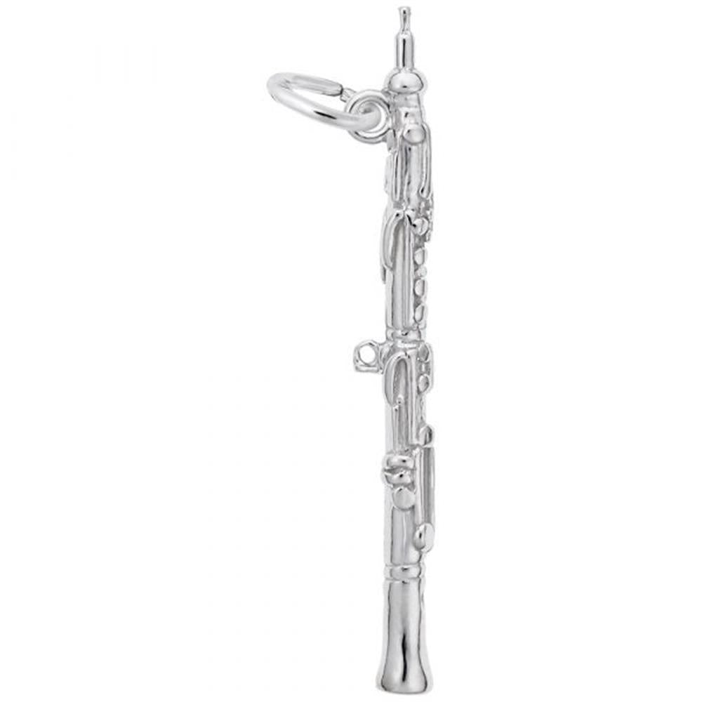 The Oboe Charm / Sterling Silver by Rembrandt Charms features intricate detailing and an attachment ring at the top, making it perfect for a bracelet or necklace.