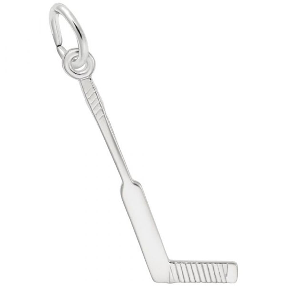 The Rembrandt Charms Goalie Hockey Stick Charm is a sterling silver pendant crafted in the shape of a minimalist hockey stick, complete with fine detailing on the textured blade for added realism. It features a small loop at the top for attaching to a chain or bracelet.