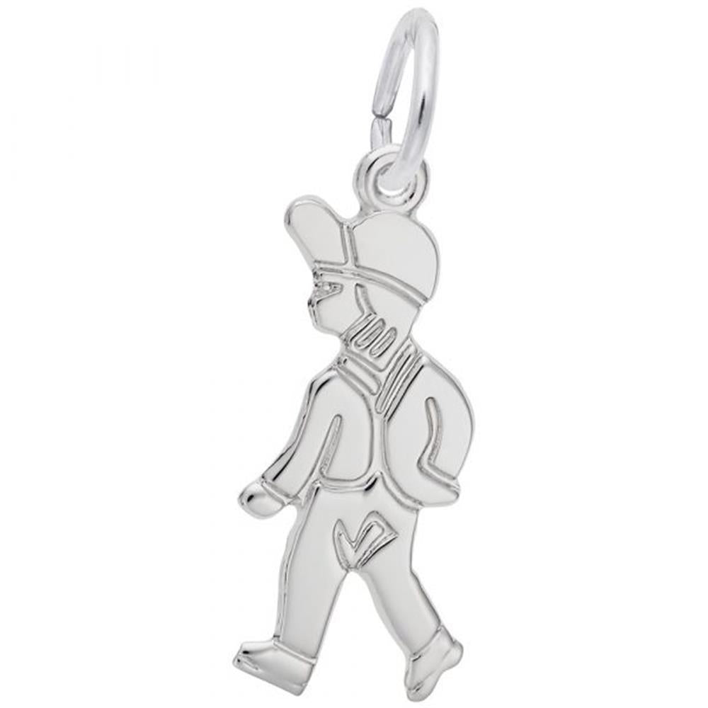 The Rembrandt Charms Walking Boy Charm in sterling silver features a stylized boy wearing a baseball cap and carrying what looks like a backpack or sack. This charming piece includes a loop at the top for attaching to a chain or bracelet.