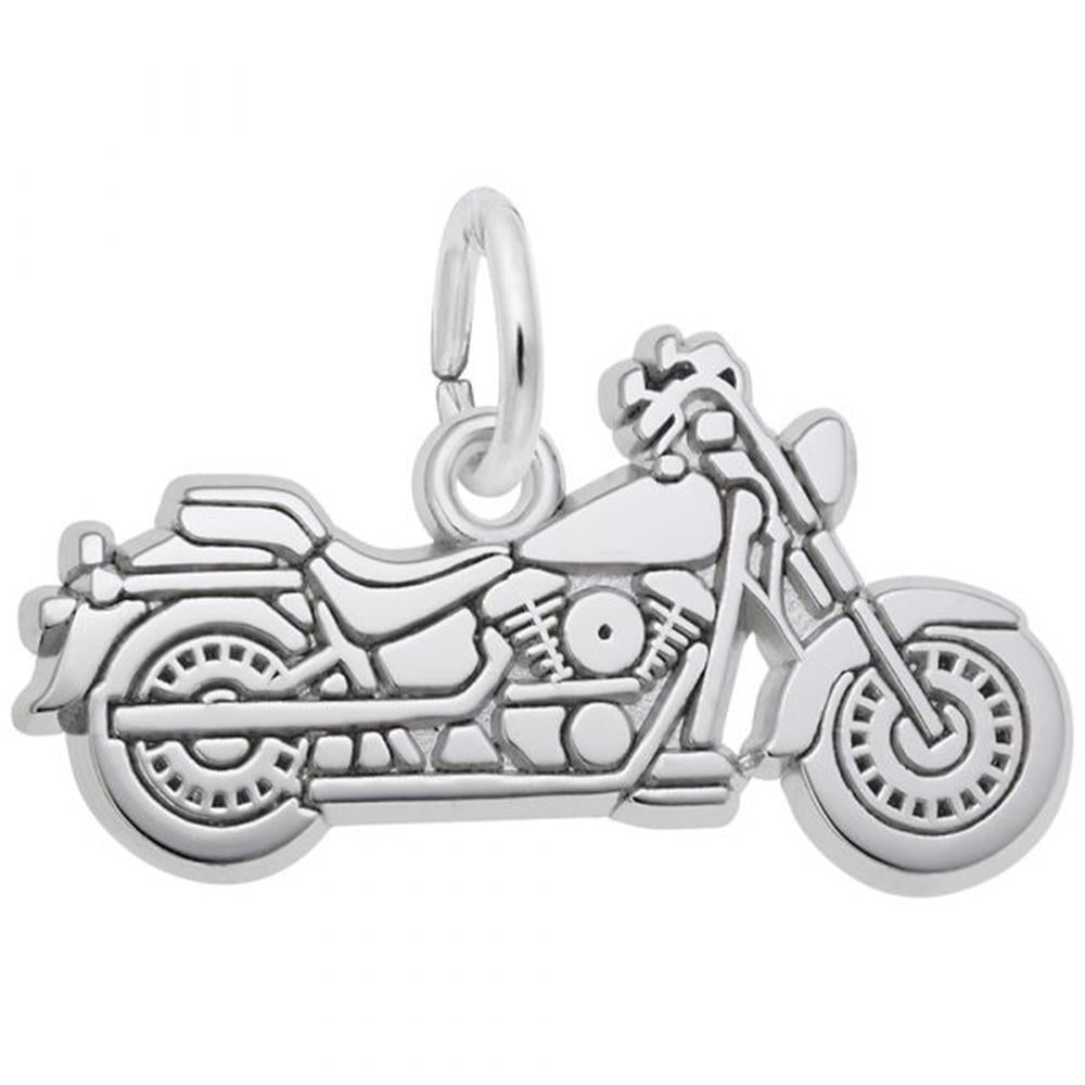 The Motorcycle Charm from Rembrandt Charms is crafted in sterling silver and showcases intricate engravings of a classic cruiser motorcycle design, complete with detailed elements like the engine, seat, and wheels. It also features a loop at the top, making it perfect for attaching to a bracelet or necklace.