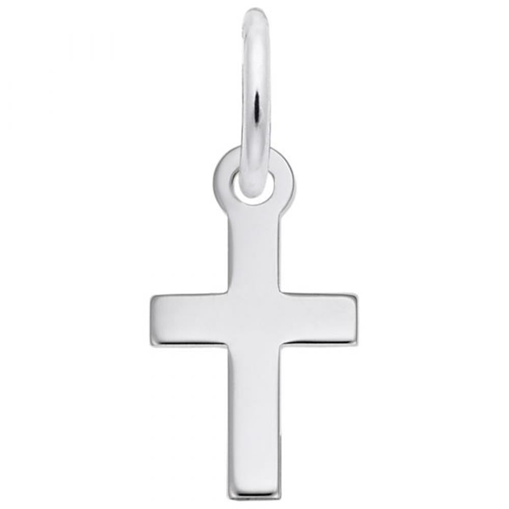 The Plain Cross Accent Charm in Sterling Silver by Rembrandt Charms features a minimalist design with a smooth, polished surface, elegantly hanging from a simple circular loop at the top. Its clean lines reflect understated elegance, making it a timeless piece suitable for any occasion.