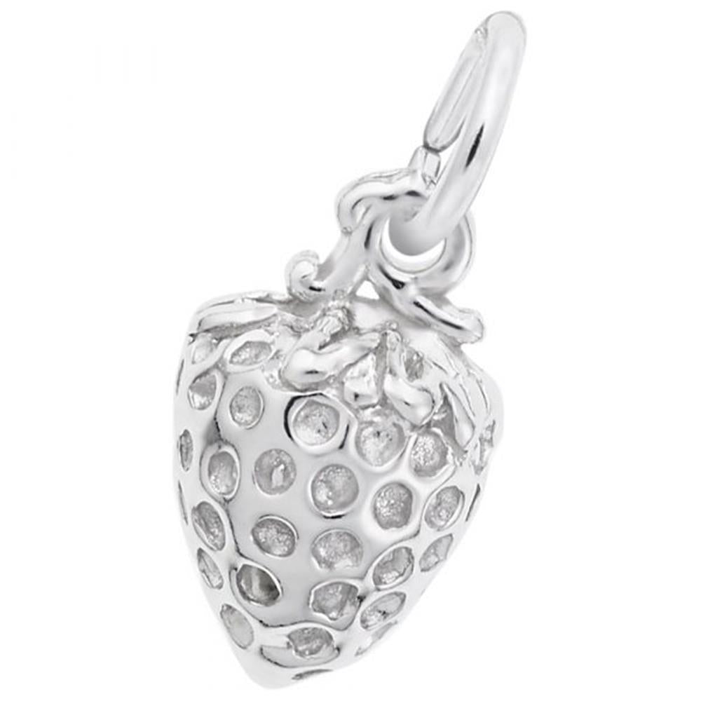 The Strawberry Charm in sterling silver from Rembrandt Charms features intricate detailing with seeds and leaves, attached to a small, round loop for hanging. The charm boasts a polished, shiny finish, adding an elegant touch to any piece.