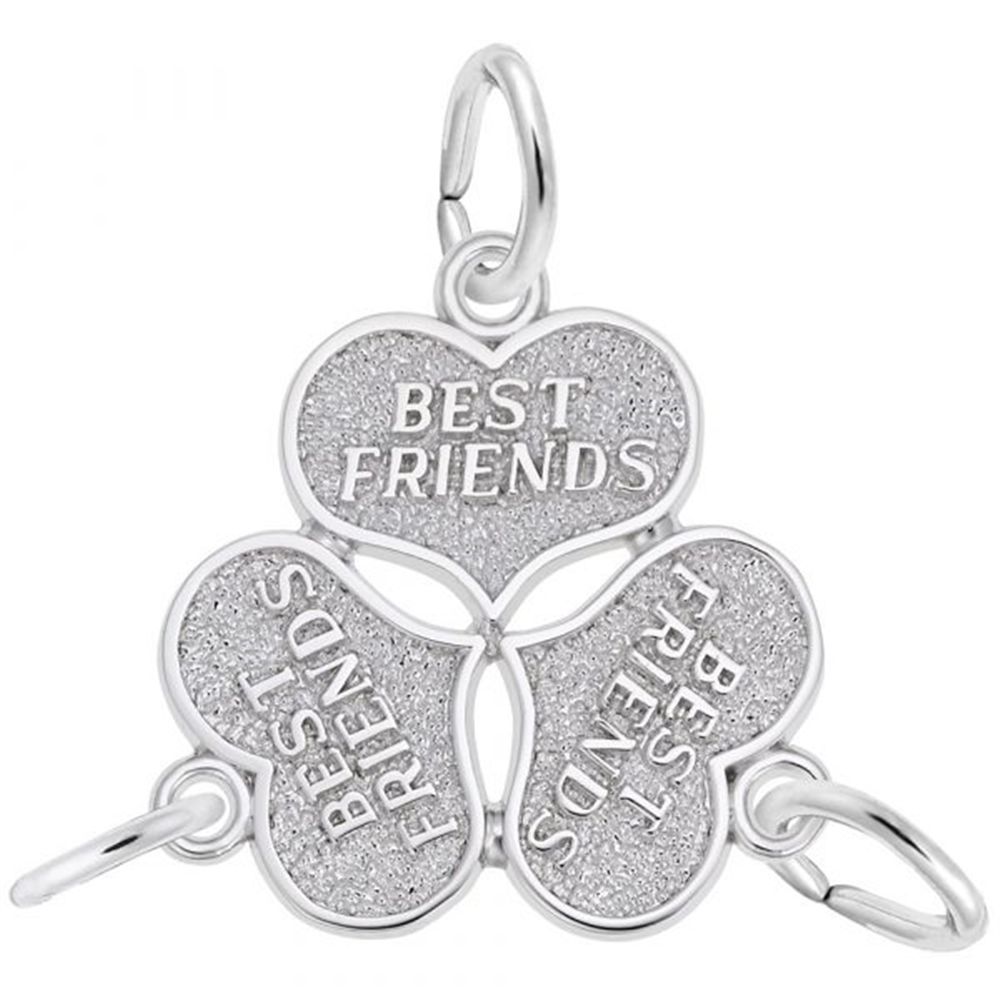The Rembrandt Charms "Best Friends" sterling silver charm features three interlocking heart-shaped pendants engraved with "Best Friends." They form a circular pattern and each has a loop for attachment, making it the perfect best friends charm.