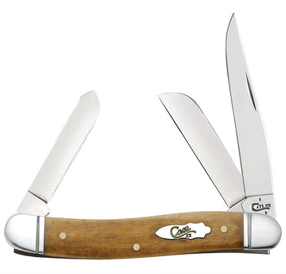 The Antique Bone Smooth Stockman by W.R. Case & Sons Cutlery Co. features a wooden handle with metal bolsters, a small oval "Case" badge, and three fanned-out stainless steel blades in classic stockman style.