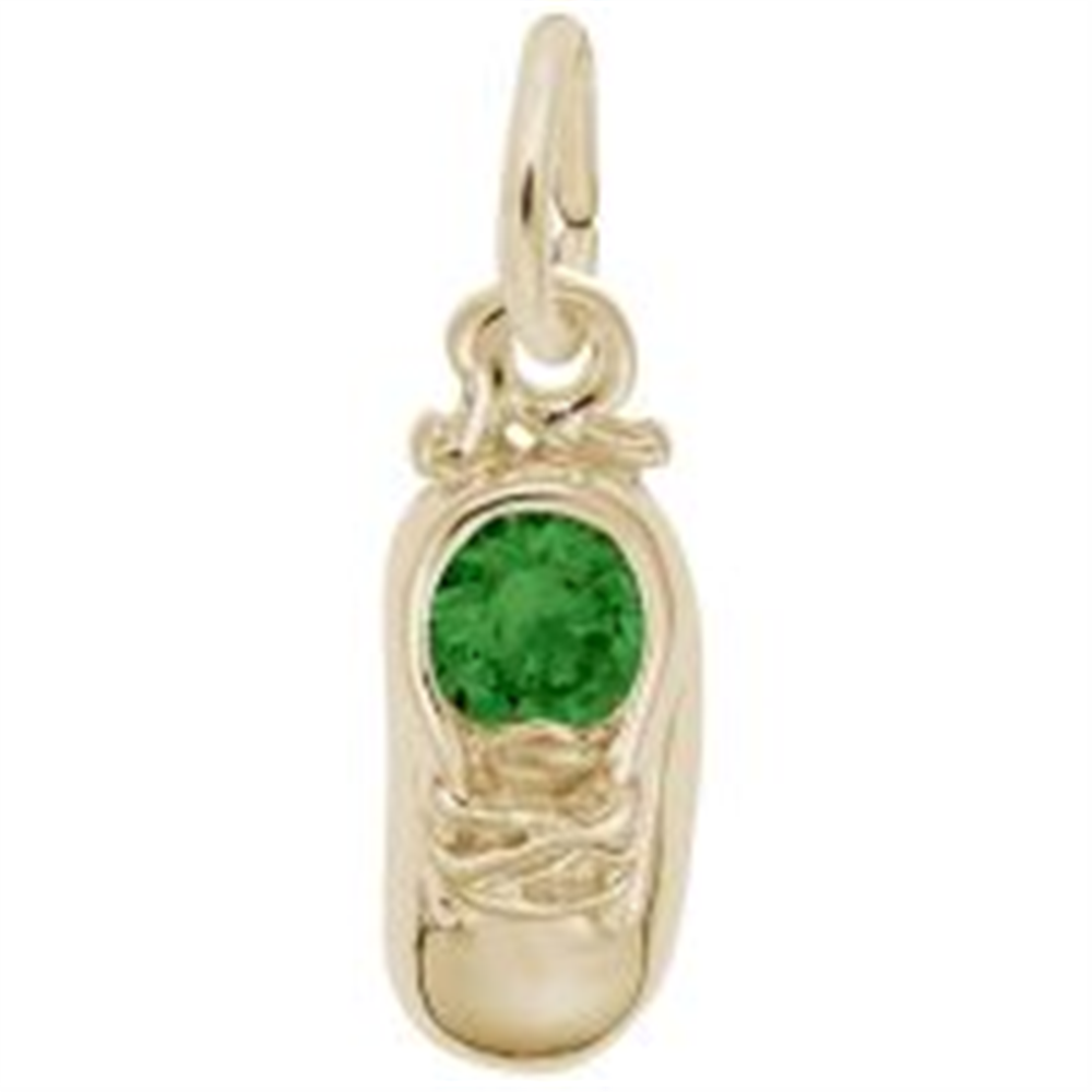 The May Baby Shoe Gold Plated charm by Rembrandt Charms features a baby shoe design with a vibrant green gemstone on top and a small hoop for easy hanging.