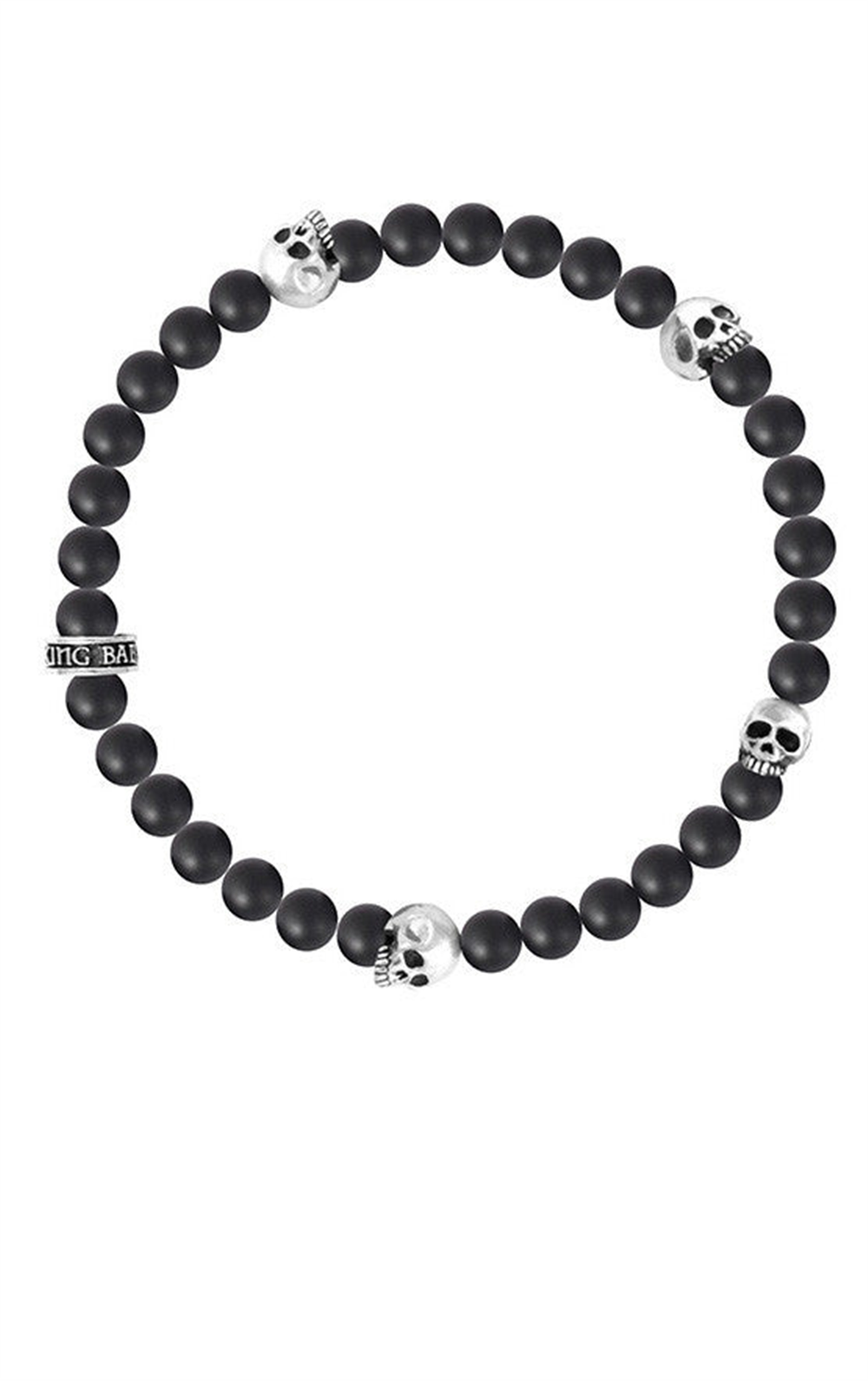 The King Baby bracelet features 6mm Onyx beads with four silver skulls, creating a captivating circular design.