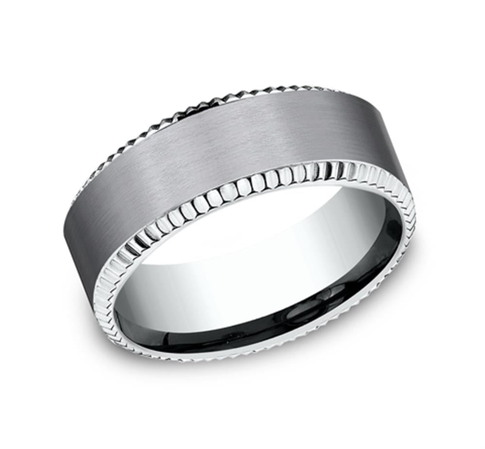 A 14 Kt white gold and tantalum ring with a smooth center band and a coin beveled edge design. The sleek, polished interior of this AMARRA STONE ring from Benchmark Rings provides a refined finish.