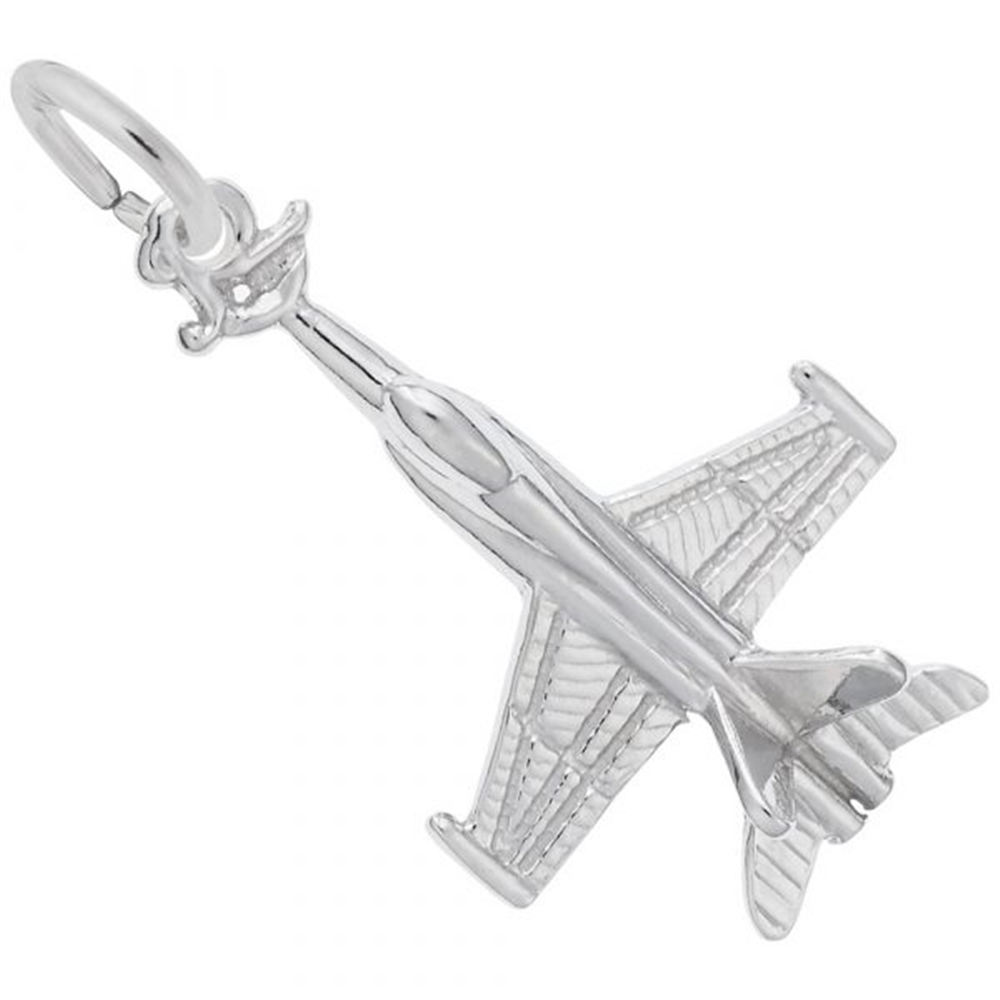 The Rembrandt Charms Fighter Jet Charm in sterling silver showcases detailed wings, a streamlined fuselage, and a loop at the top for attaching to a bracelet or necklace. The design captures the sleek and intricate structure of a fighter jet.