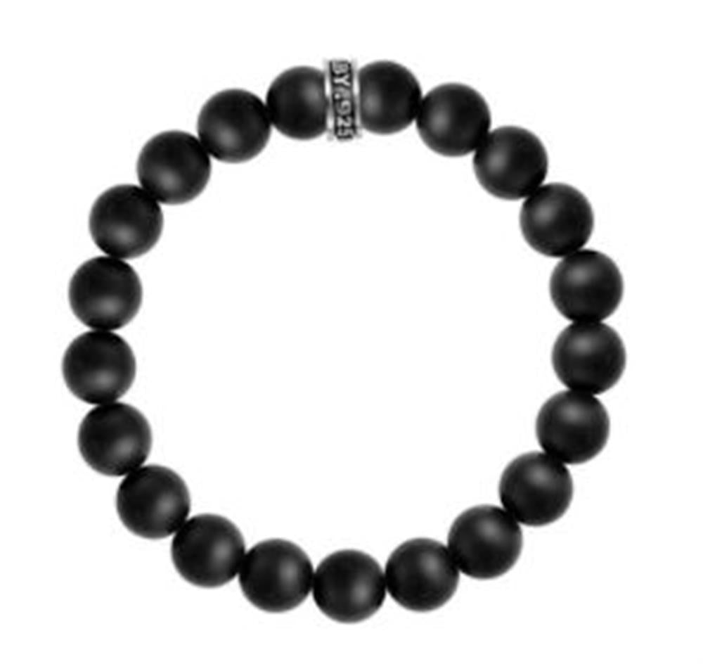 The 10mm Onyx Bead Bracelet in Sterling Silver by King Baby Studio 2021 features handmade onyx beads with a decorative sterling silver bead engraved with text, creating a simple and elegant design.