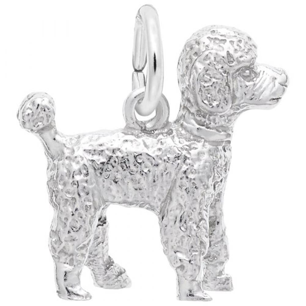 A detailed Poodle Dog Charm / Sterling Silver, featuring textured fur, a curly tail, and a small clasp on top for attaching to a bracelet or necklace. This Rembrandt Charms piece captures the distinctive grooming style of a poodle with a realistic and polished finish.