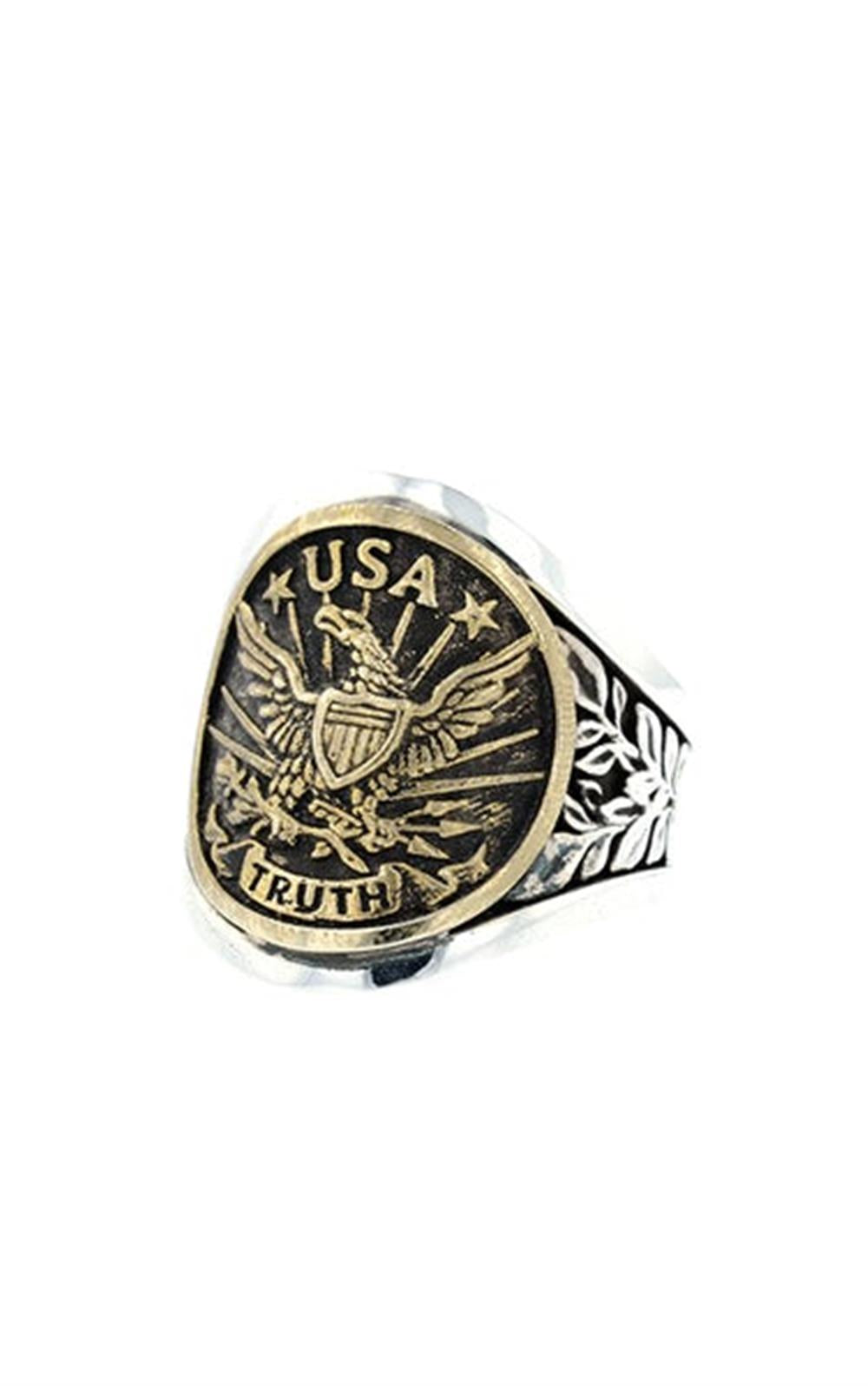 The King Baby Silver Eagle Cigar Band Ring features a gold-toned eagle face with a shield, stars, “USA,” and “TRUTH,” plus an engraved leaf pattern on the band. Made in the USA from sterling silver.