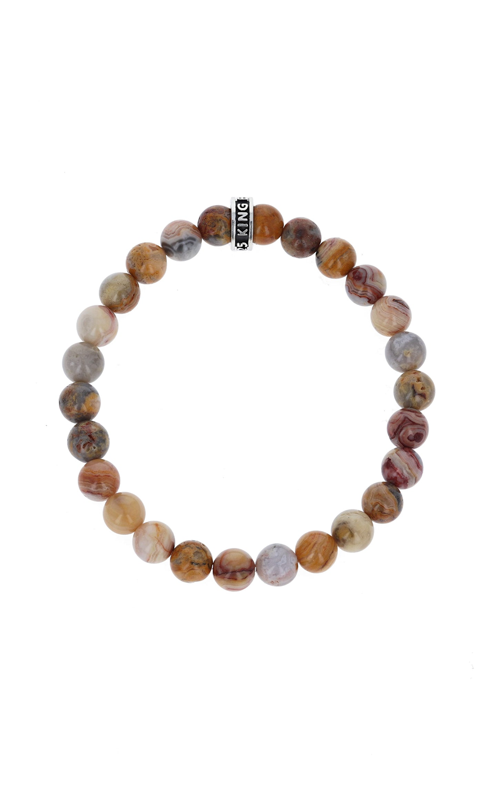 The 8mm jasper plain beaded bracelet by King Baby features earthy-toned stones in brown, gray, and red, arranged circularly. It includes a single silver bead engraved with "KING.