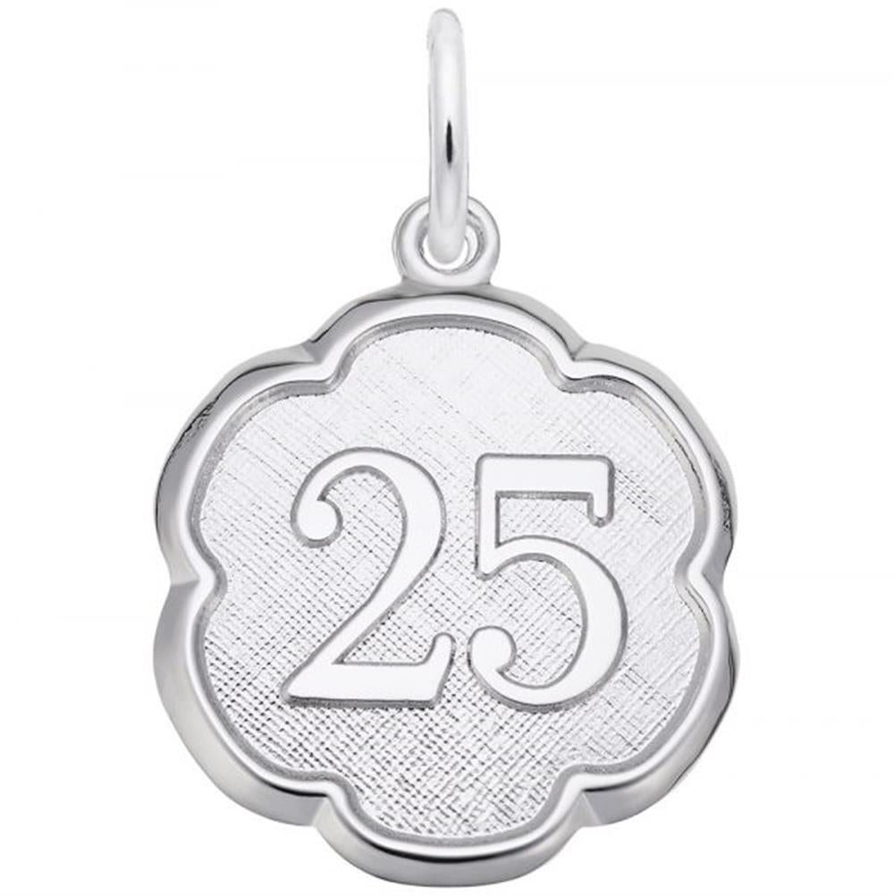 The Number 25 Charm by Rembrandt Charms is crafted from sterling silver and showcases a round design with scalloped edges. The number "25" is elegantly engraved in the center against a textured background, and it includes a small loop at the top for easy attachment to a chain.