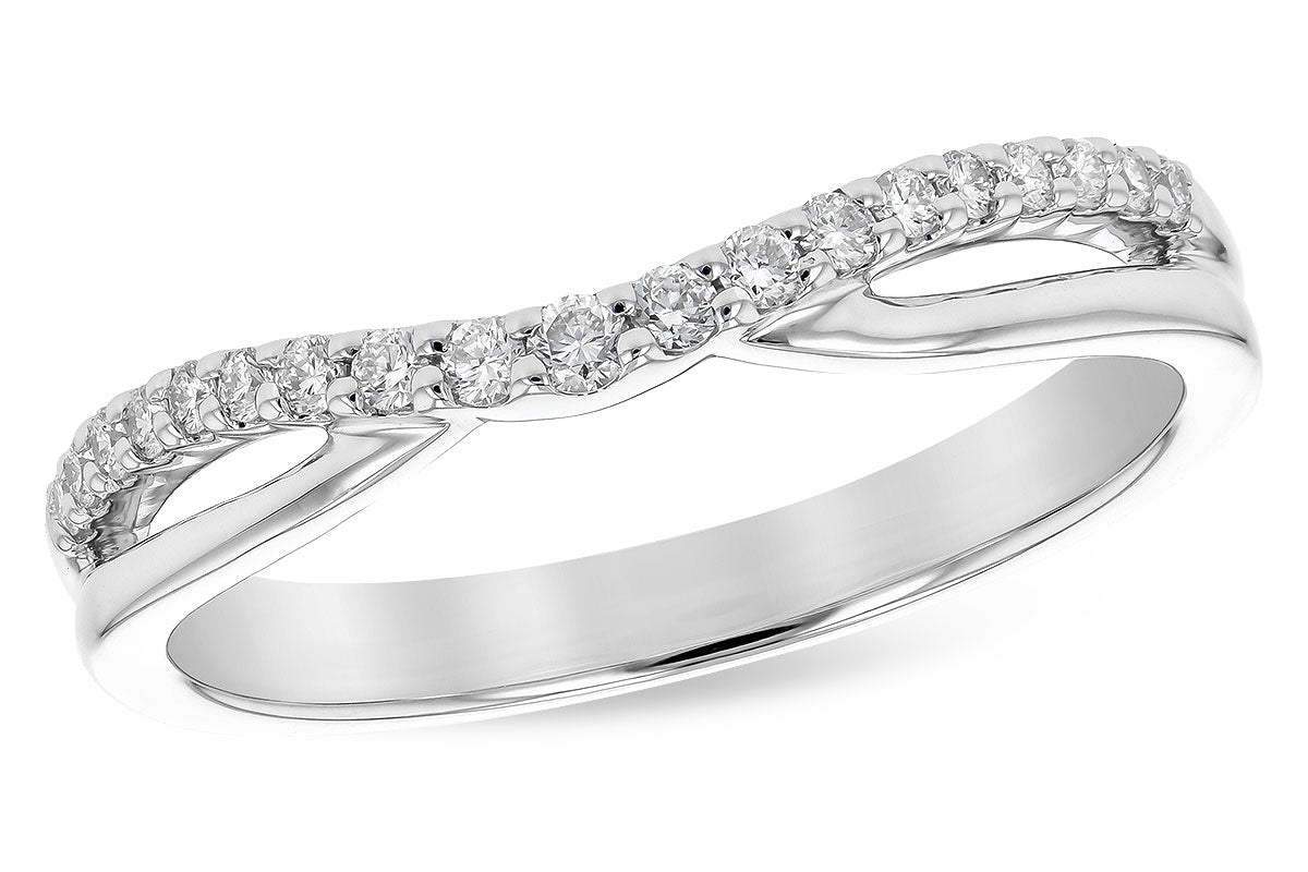 The Allison Kaufman 14K White Gold Diamond Ring Enhancer features a delicate twisted design—one side with round diamonds, the other polished smooth—making it a stunning upgrade for any bridal set.