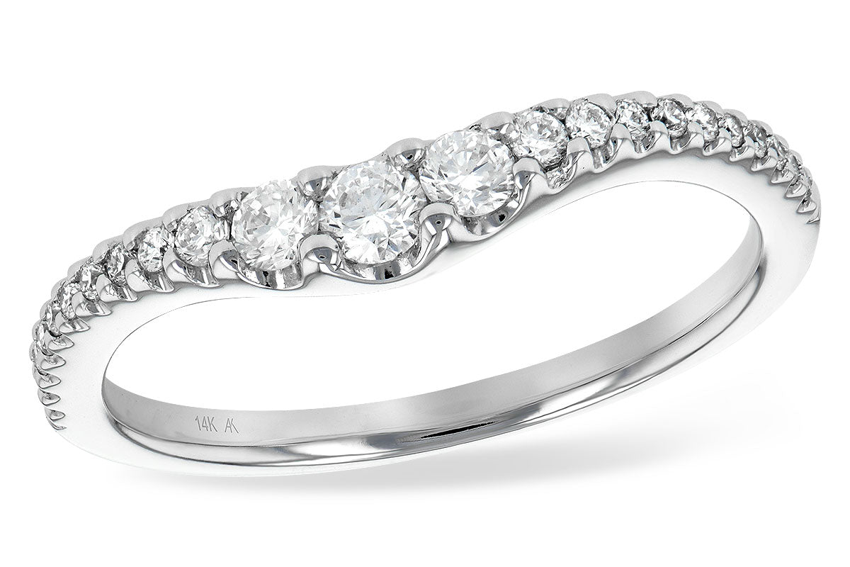 The Allison Kaufman 14k white ring enhancer .33TW features a row of round-cut diamonds, with the largest stones at the center and smaller diamonds tapering along the band.