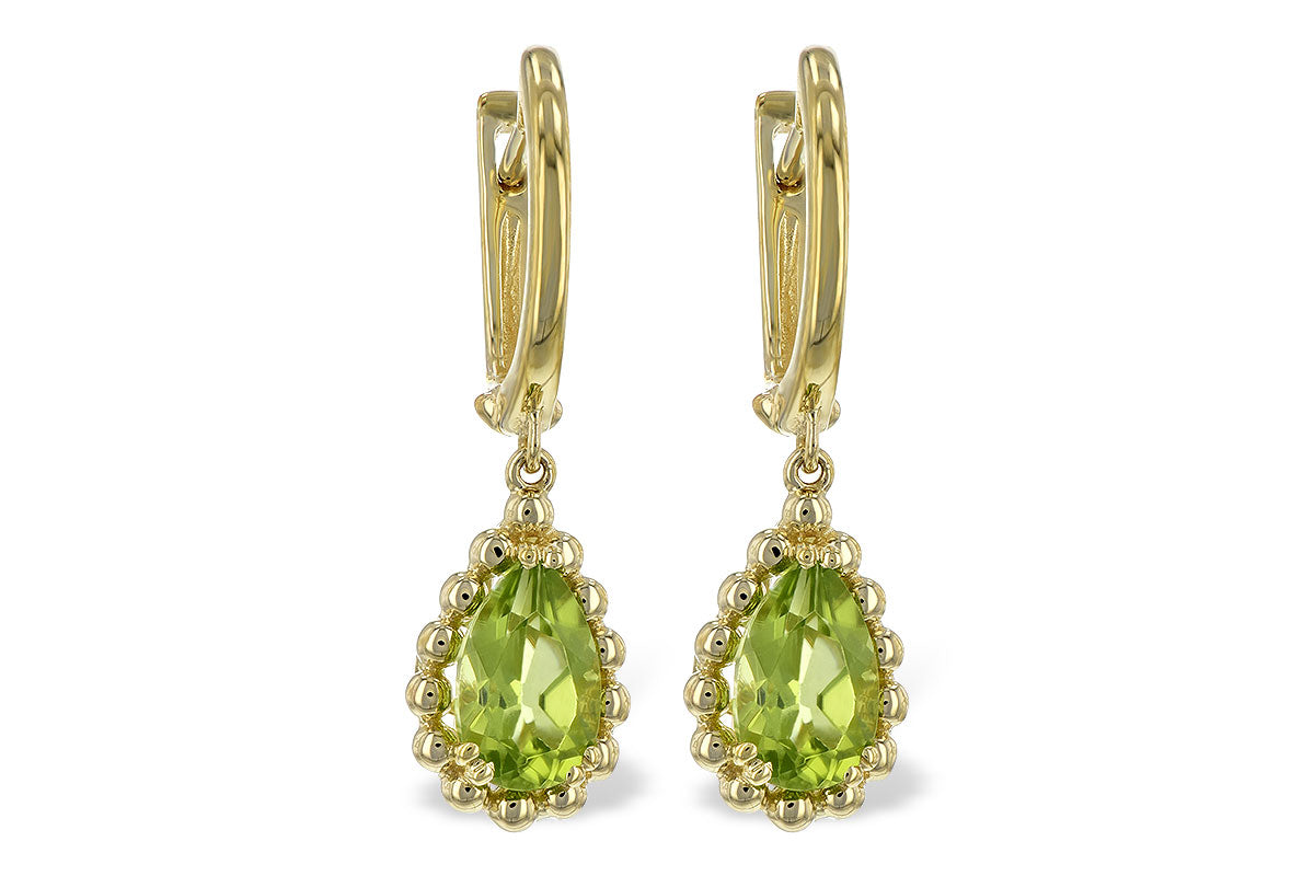 Allison Kaufman 14k Yellow Gold Peridot Dangle Earrings feature teardrop-shaped green stones with beaded gold borders on hoops—perfect as August birthstone jewelry.