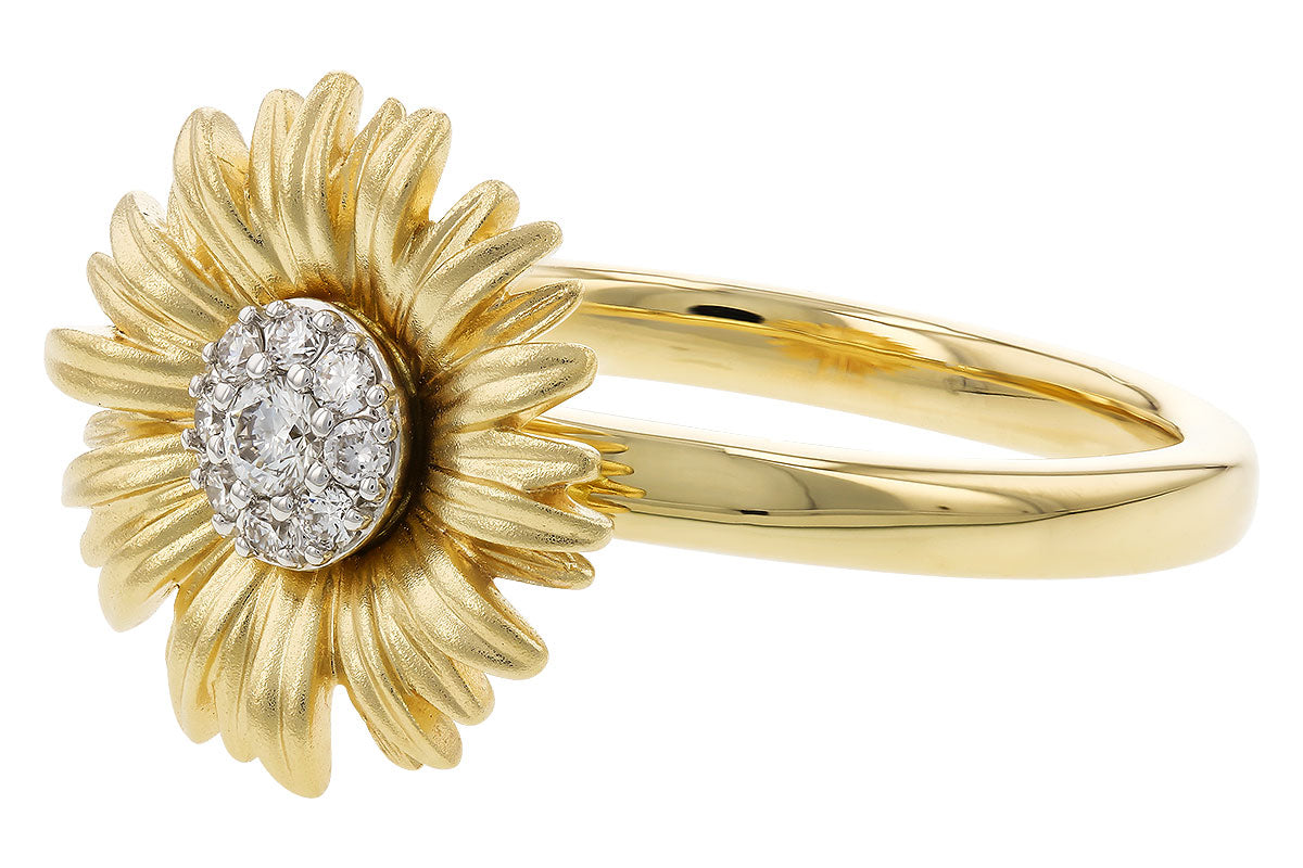 This Diamonds 14K Yellow Gold Sunflower Ring by Allison Kaufman showcases textured petals and a stunning cluster of sparkling diamonds at its center.