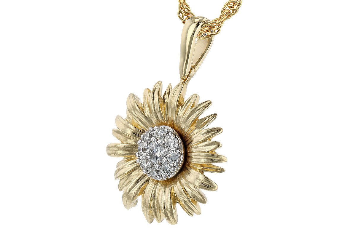 Introducing the Diamonds 14K Yellow Gold Sunflower Necklace by Allison Kaufman, showcasing a stunning sunflower pendant made from 14K yellow gold with a diamond cluster center, elegantly suspended on a twisted rope chain.