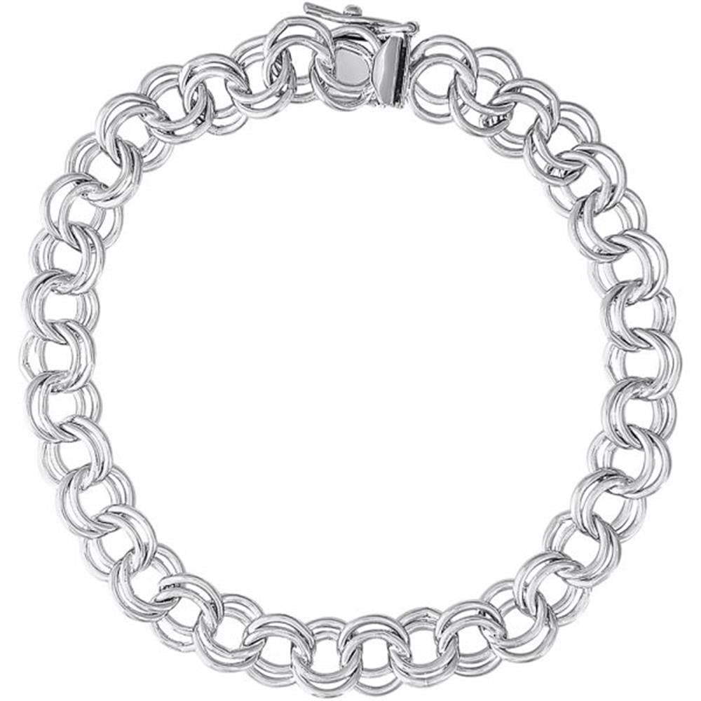 A close-up image of the Rembrandt Charms "Charm Bracelet 7 Inch / Sterling Silver" with interlocking round links and a clasp. The bracelet is laid out in a circular shape, showcasing its intricate design.