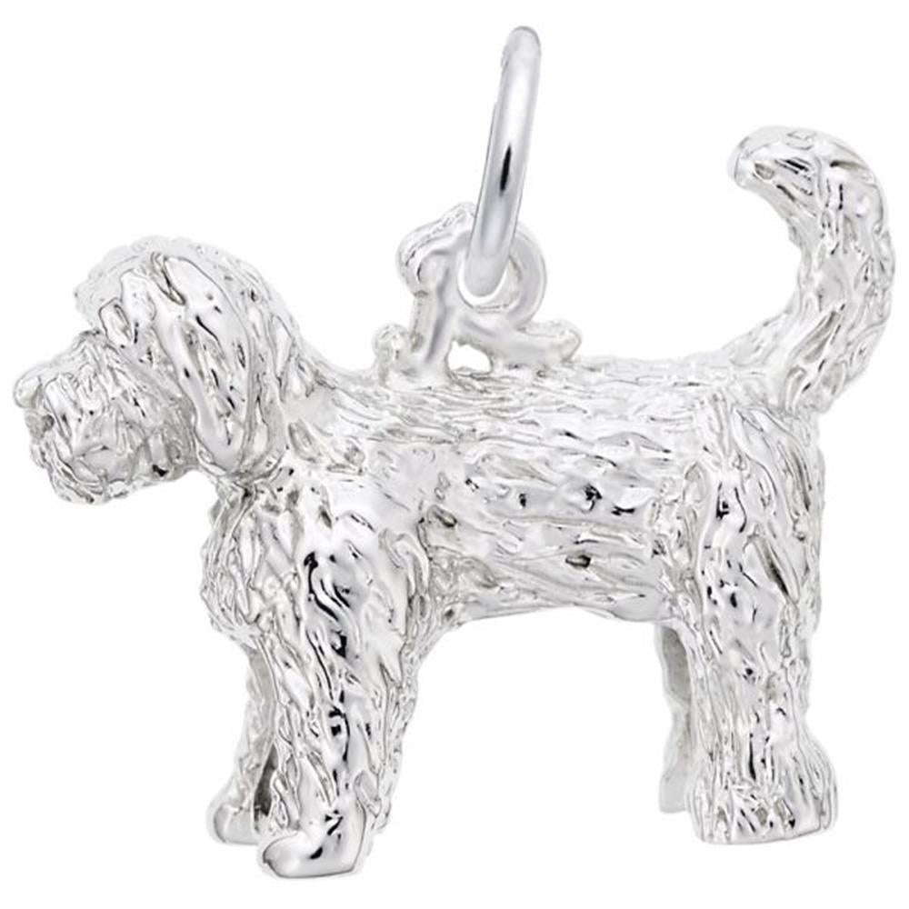 A close-up image of the Rembrandt Charms Labradoodle Dog Charm in sterling silver, designed to resemble a shaggy-coated dog. The charm displays detailed texture to mimic fur and features a loop at the top for attaching to a bracelet or necklace. The dog's tail is raised and curled.