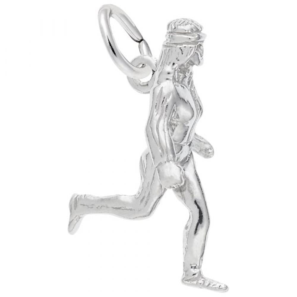 The Rembrandt Charms Jogger Charm in sterling silver features a detailed depiction of a female jogger. The figure showcases muscular details, flowing hair, and a determined posture, with one leg extended forward and the other bent behind. It includes a small loop at the top for attaching to a chain.