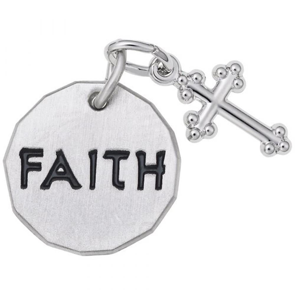 The Faith Tag With Botonny Cross Charm by Rembrandt Charms is a sterling silver octagonal pendant engraved with the word "FAITH" in black lettering, accompanied by a small, ornate cross charm with rounded edges.