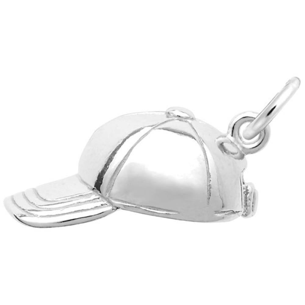 The image shows the Sterling Silver Baseball Hat Charm from Rembrandt Charms. The charm is crafted in sterling silver and features a detailed design of a baseball hat. It measures 0.65 inches by 0.3 inches (16.41 mm x 7.59 mm) and has the style number 3031. This charm is a perfect keepsake for baseball fans and athletes.
