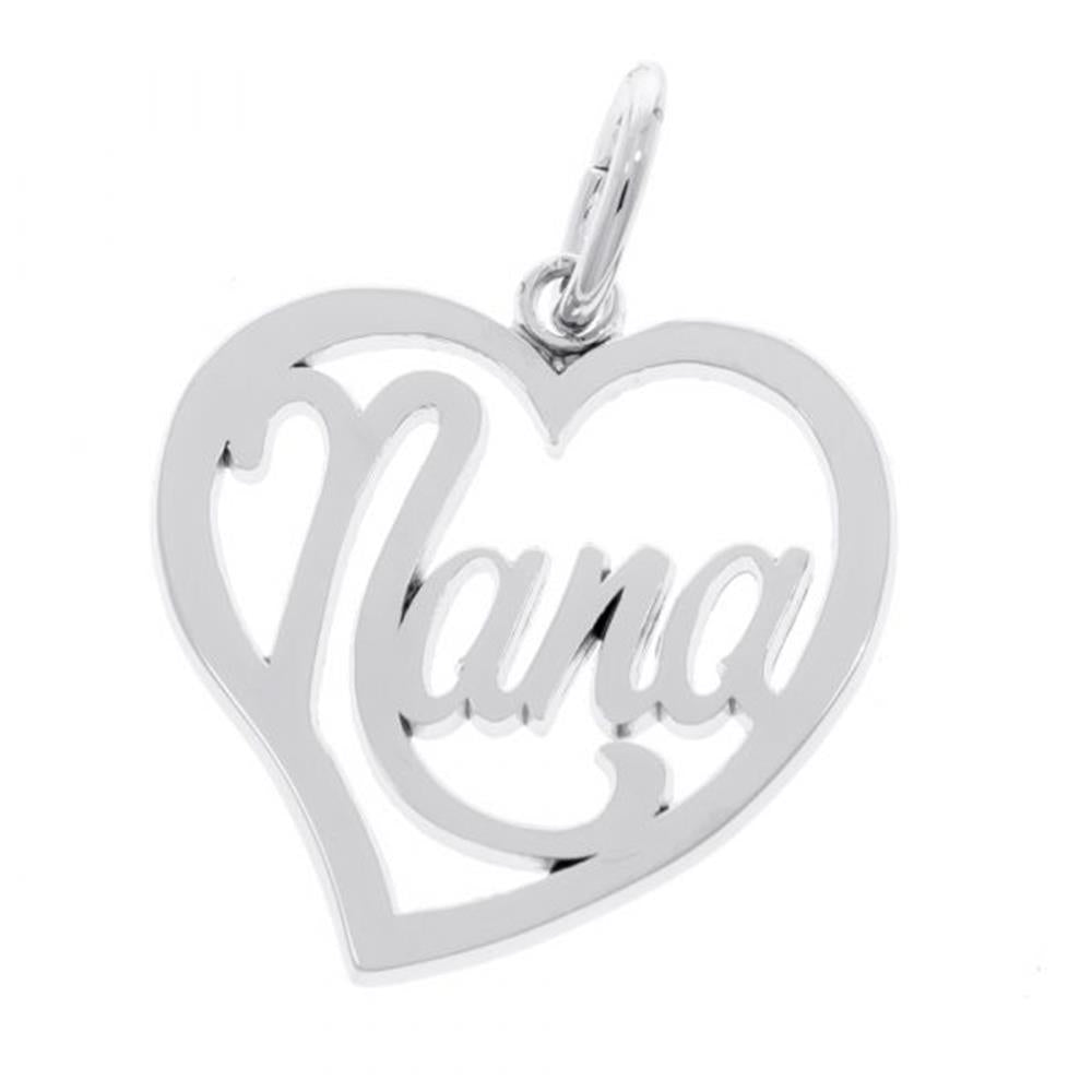 The Nana Heart Charm by Rembrandt Charms is a sterling silver pendant designed in the shape of a heart, with the word "Nana" elegantly written in cursive inside. This charming pendant hangs gracefully from a small loop at the top.