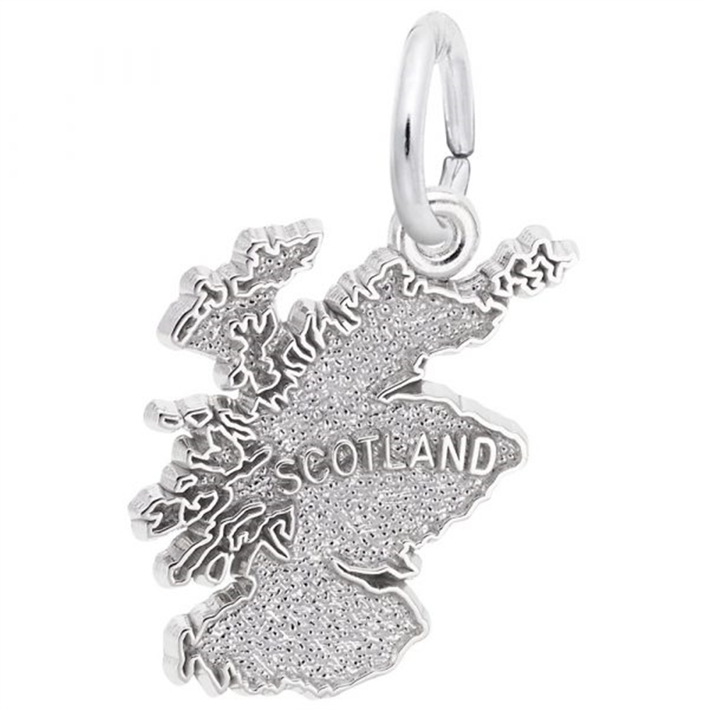 The Rembrandt Charms Scotland Map Charm is a silver charm shaped like a map of Scotland, with the engraved word "SCOTLAND" at its center. It includes an attached loop at the top for hanging.