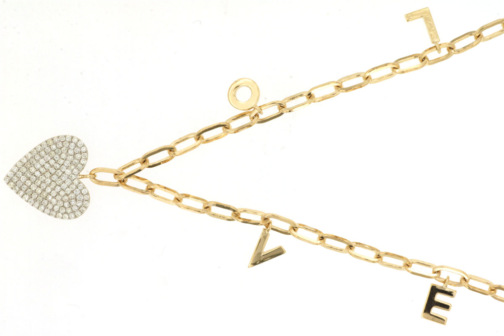 The Royal Jewelry 14K Yellow Gold Diamond Heart "LOVE" Necklace elegantly features a heart-shaped pendant as the 'L', with small crystals, while the letters 'O', 'V', and 'E' gracefully dangle, creating a charming design.