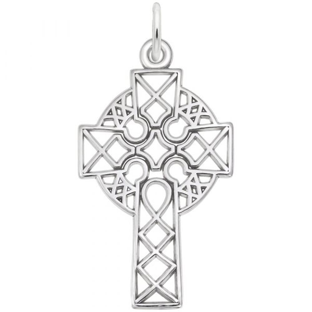 The Rembrandt Charms Celtic Cross Charm in sterling silver showcases intricate geometric and interwoven patterns. This traditional Celtic design features a circular halo connecting the arms of the cross, complete with a small loop at the top for attaching to a chain or cord.