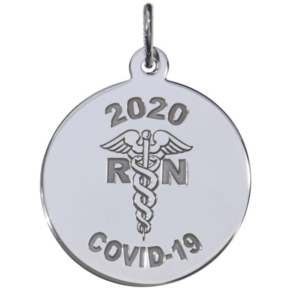 A round, sterling silver charm by Rembrandt Charms featuring "2020" at the top, a caduceus symbol with "RN" in the center, and "COVID-19" at the bottom.