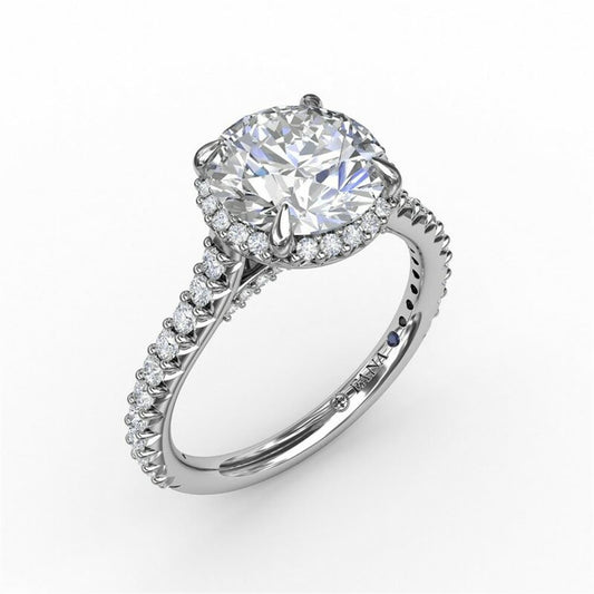 14K White Gold Contemporary Round Diamond Halo Engagement Ring With Geometric Details | FANA
