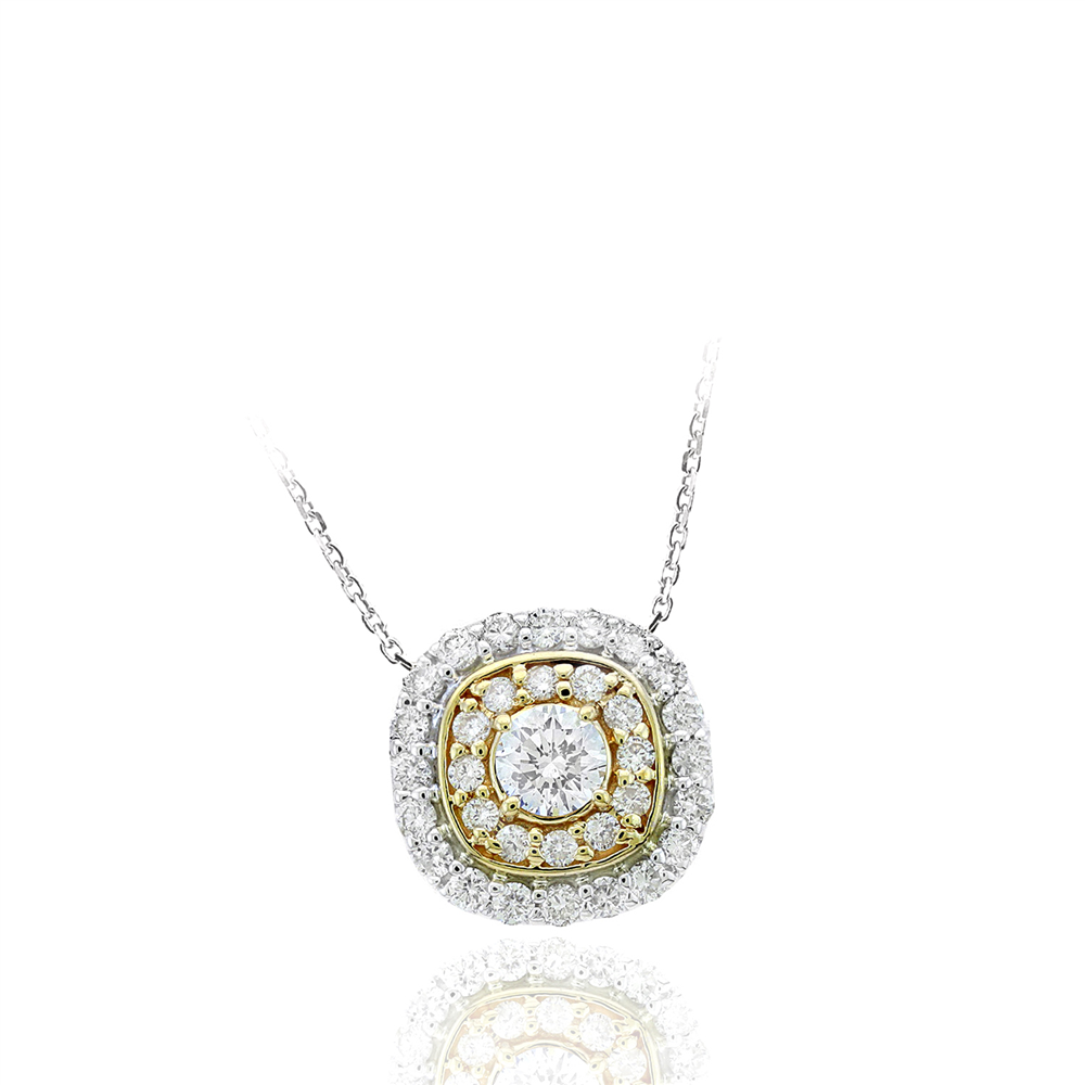 Discover Ryan Gems' PYW12129D necklace, a 1.14ct two-tone gold and silver masterpiece. It features a central diamond encircled by gleaming gold and smaller diamonds set in silver, elegantly hanging from a delicate chain.