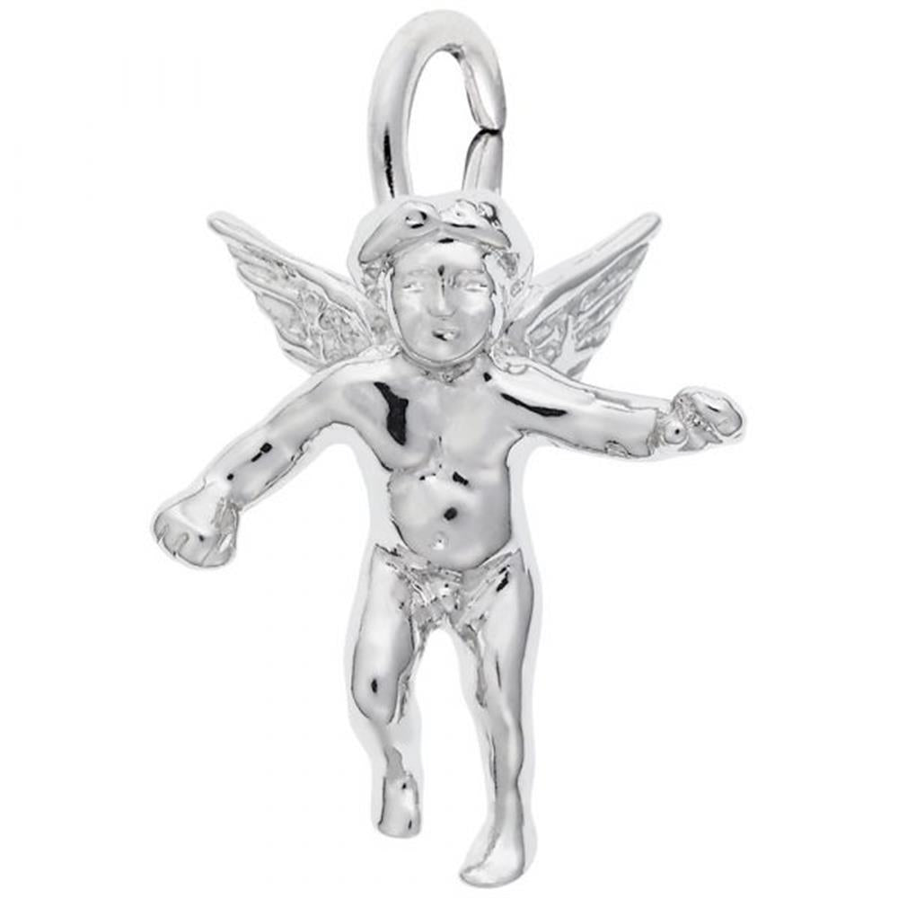'Sterling silver charm depicting a cherub angel with detailed wings. Style 0520, 0.65 in x 0.81 in (16.5 mm x 20.56 mm).'