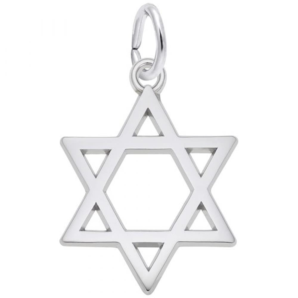 The Rembrandt Charms Star Of David Charm in sterling silver features a symmetrical, six-pointed star with an open center and a small loop at the top for easy attachment to a chain or keyring. Its well-defined and polished design gives it a sleek and elegant appearance, perfectly embodying the exquisite craftsmanship of Rembrandt Charms.
