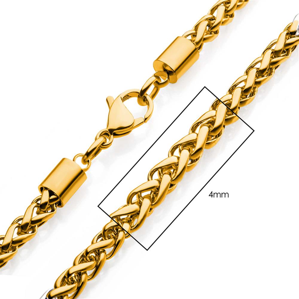 A close-up image showcases the INOX 4mm 18K Gold Plated Wheat Chain Necklace with a polished finish. This men's necklace, measuring 24 inches and featuring a lobster clasp, has its thickness annotated as "4mm" within a highlighted rectangle.