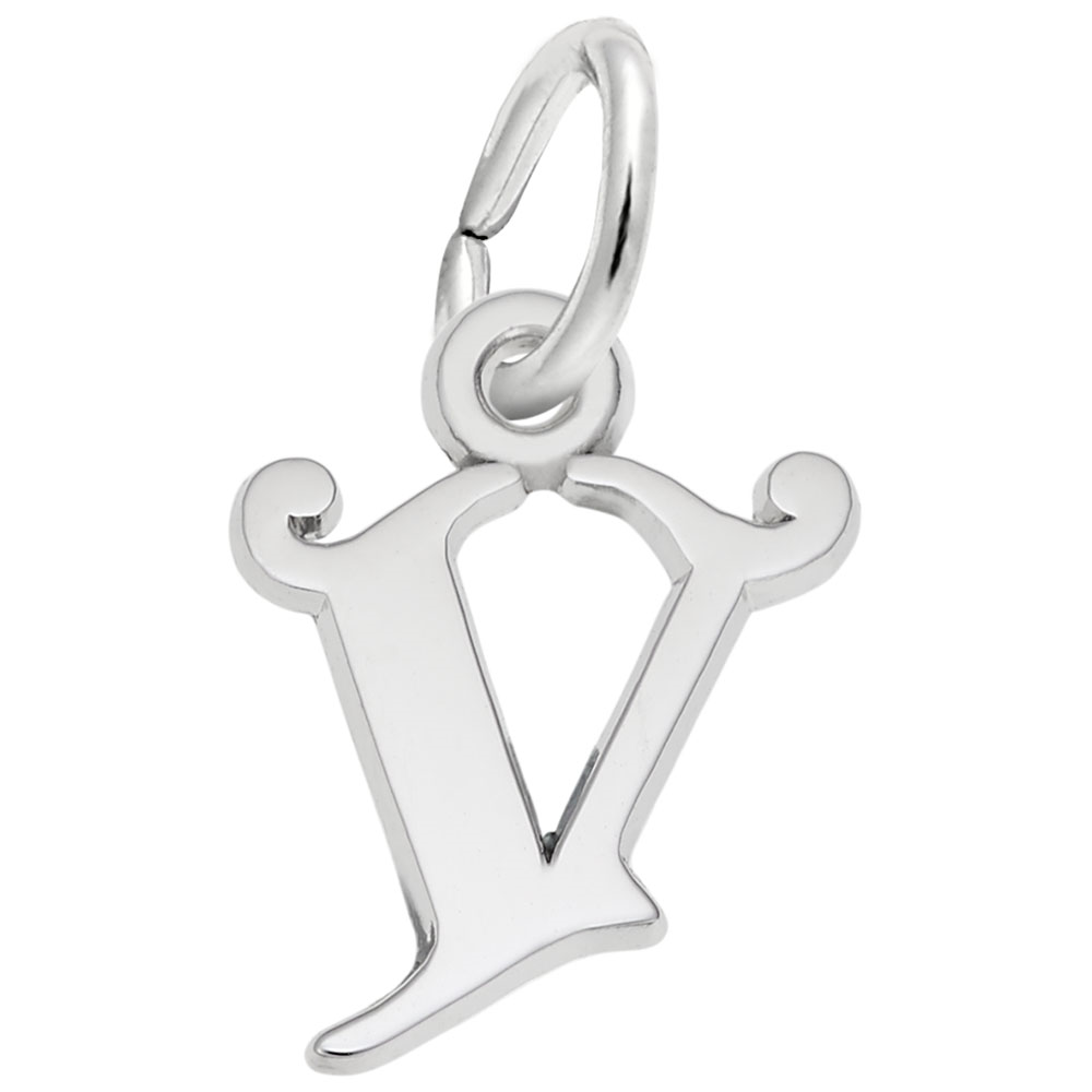 The Curly Initial V Accent Charm by Rembrandt Charms is a sterling silver charm in the shape of the letter "V," featuring a small loop at the top for easy attachment to a necklace or bracelet. The edges of this elegant charm are slightly curved, adding an exquisite flourish that makes it an ideal personalized statement piece.
