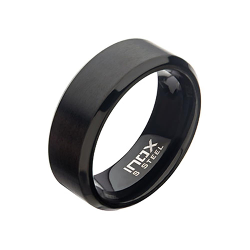 A sleek, matte black plated band with a smooth, glossy finish. This Men's Stainless Steel 8mm Matte Black Plated Beveled Band Ring by INOX features an inner band engraved with "INOX S STEEL" and is available in size 11.