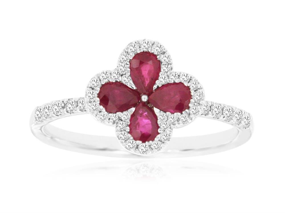 The Royal Jewelry 14k WG Ruby and Diamond ring showcases four pear-shaped rubies in a floral pattern, each surrounded by diamonds, with extra diamonds set along the band for added sparkle.